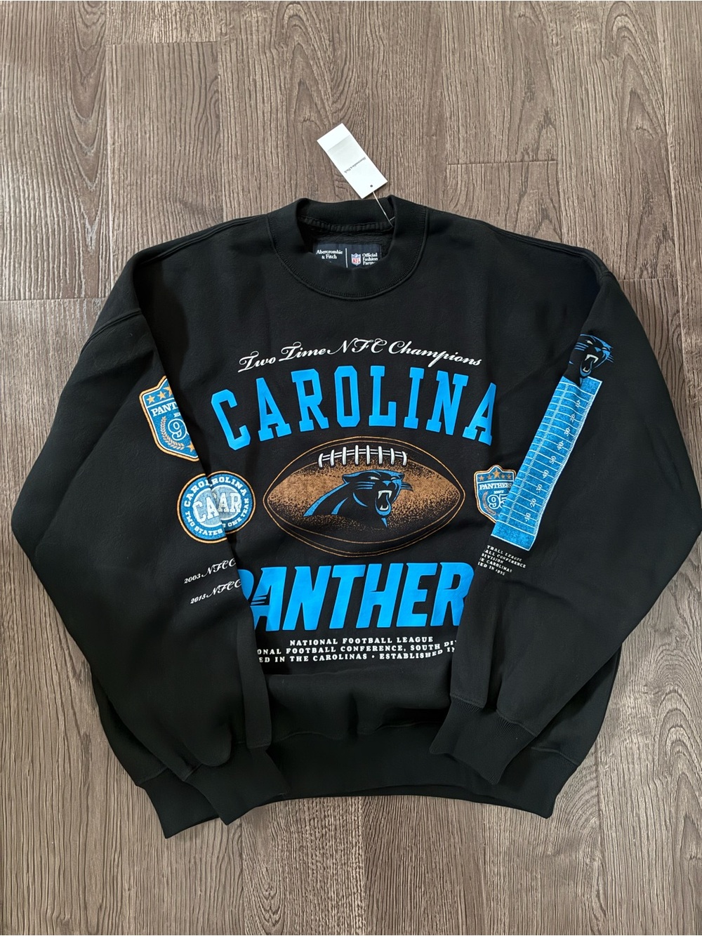 Abercrombie & Fitch Black Crewneck with Bright Blue & Gold Football Graphics